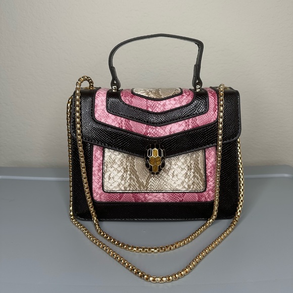 Three Tone Snake Pattern Purse (Black, Beige, Pink) - Picture 1 of 8